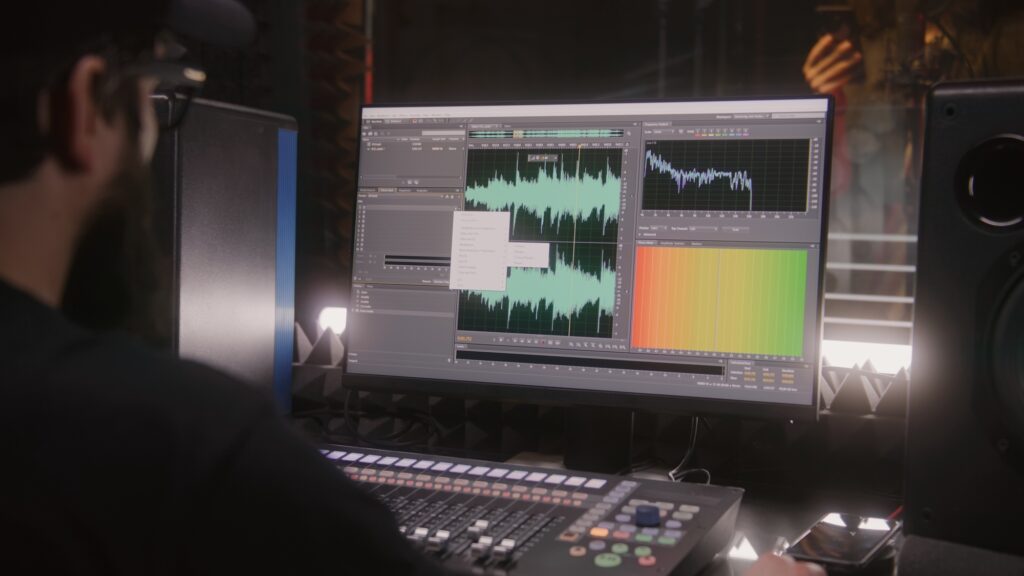 Sound engineer using a control mixing surface as he masters a song. Computer screen shows DAW software interface.